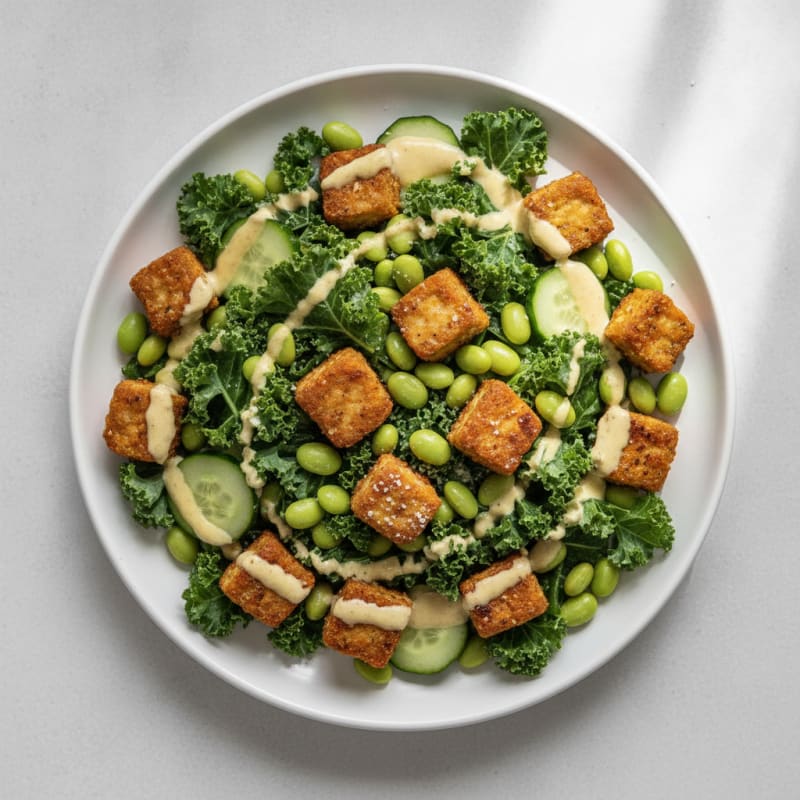 Crispy Tempeh and Edamame Power Salad with Lemon-Tahini Dressing