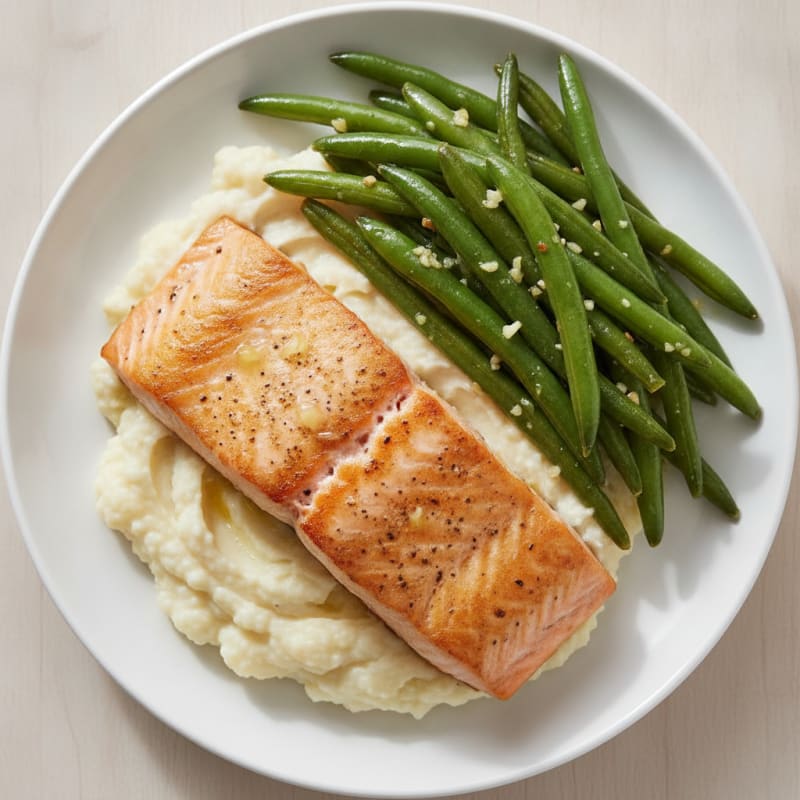 Seared Salmon with Garlic Green Beans and Cauliflower Mash