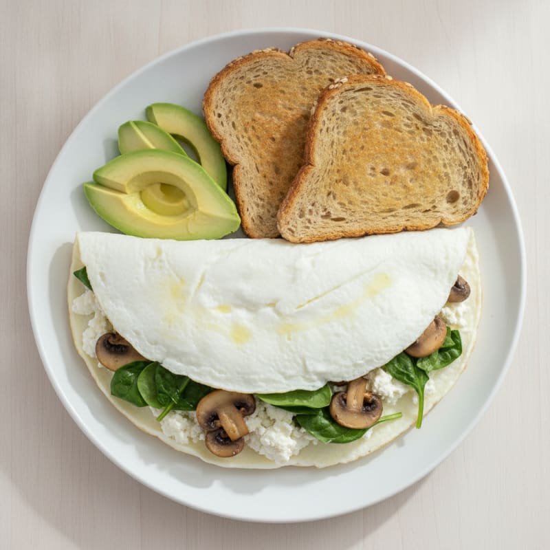 Egg White Spinach Omelet with Cottage Cheese and Sautéed Mushrooms