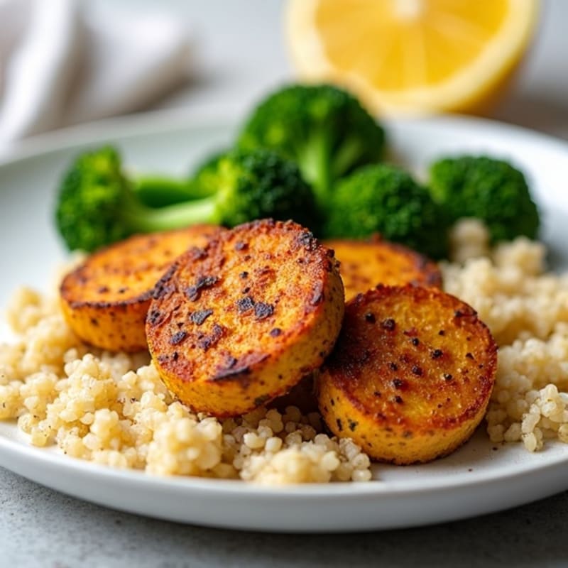 Seared Tempeh with Steamed Broccoli and Quinoa