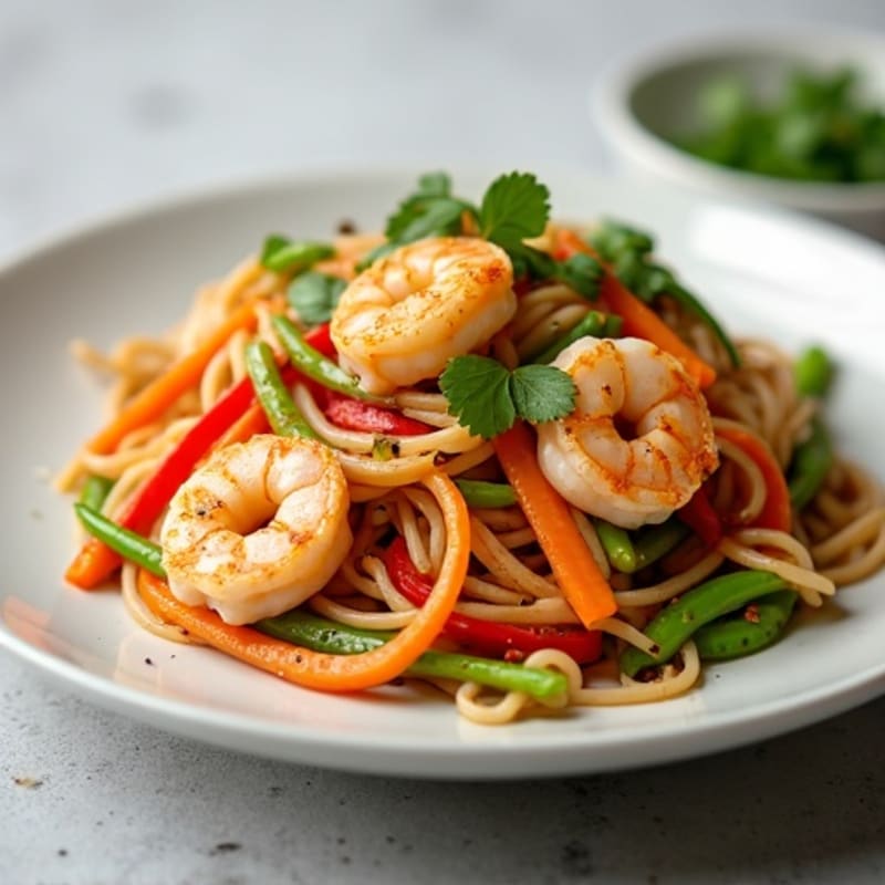 Shrimp and Rice Noodle Stir-Fry with Tangy Peanut Dressing and Fresh Crispy Vegetables