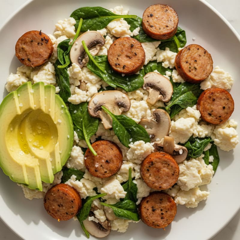 Egg White Scramble with Spinach, Mushrooms and Turkey Sausage