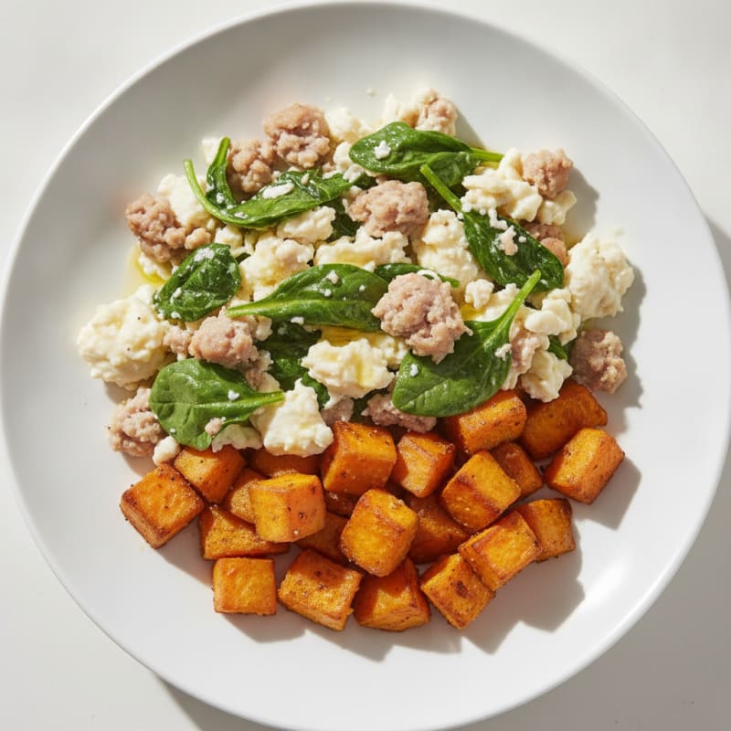 Egg White and Turkey Sausage Scramble with Spinach and Roasted Sweet Potato