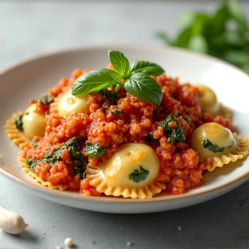 Spinach Ravioli with Lean Ground Turkey and Fresh Tomato Sauce