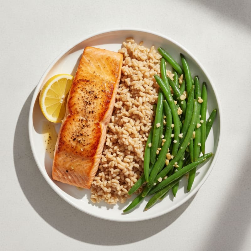 Seared Salmon with Garlic Green Beans and Brown Rice