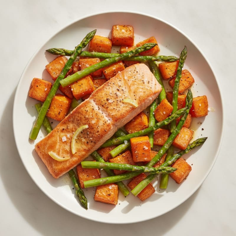 Seared Salmon with Roasted Sweet Potato and Asparagus