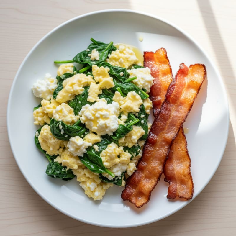 Cottage Cheese Scramble with Spinach and Turkey Bacon
