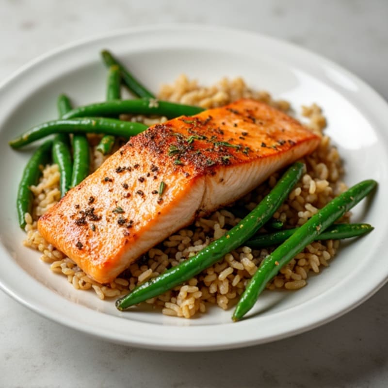 Seared Salmon with Garlic Green Beans and Brown Rice