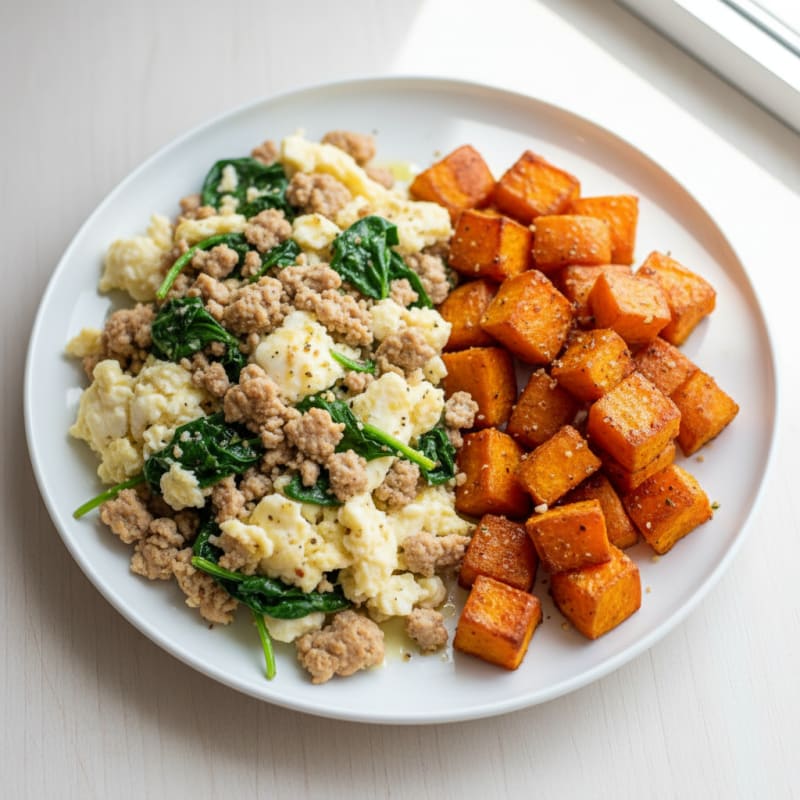Egg White and Turkey Spinach Scramble with Roasted Sweet Potato