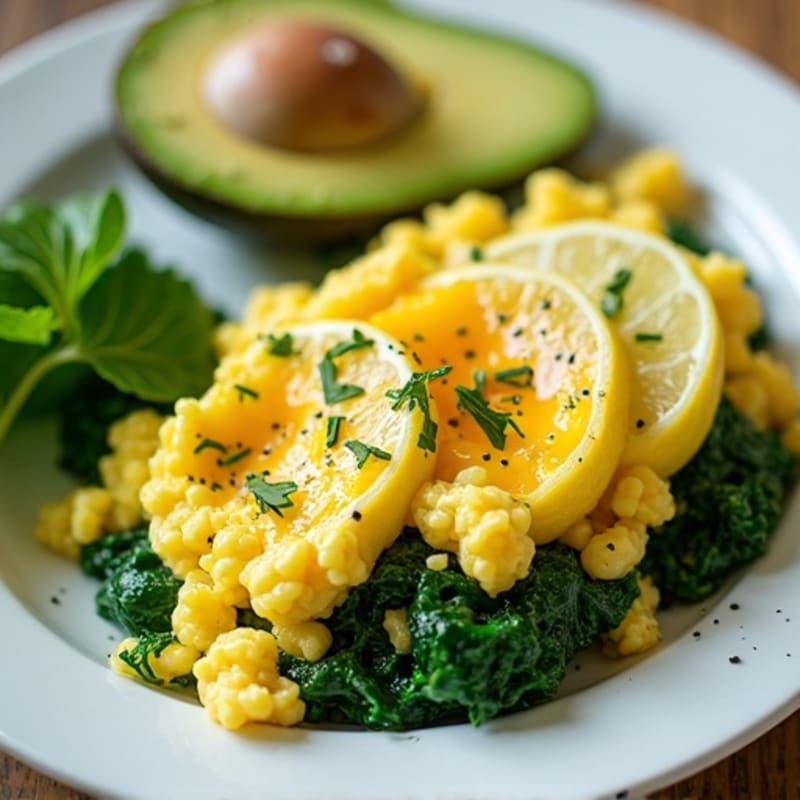 Creamy Herb Scrambled Eggs with Sautéed Spinach and Sliced Avocado