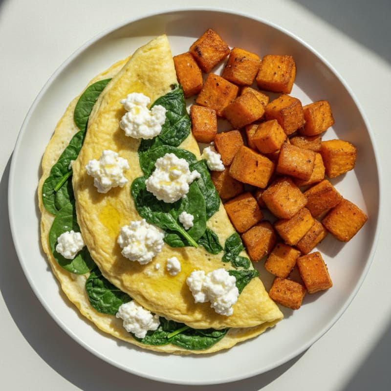 Egg White Spinach Omelet with Cottage Cheese and Roasted Sweet Potato