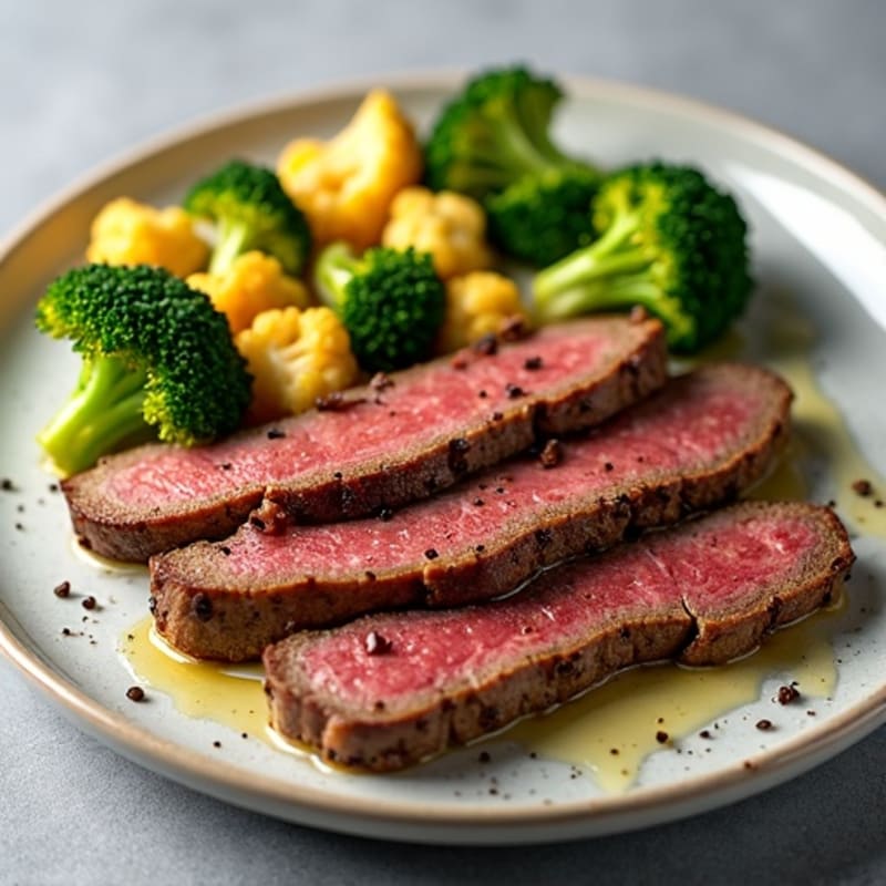Seared Lean Beef Strips with Roasted Broccoli and Cauliflower