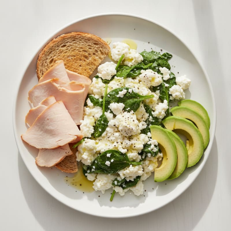 Egg White and Spinach Scramble with Cottage Cheese and Sliced Turkey