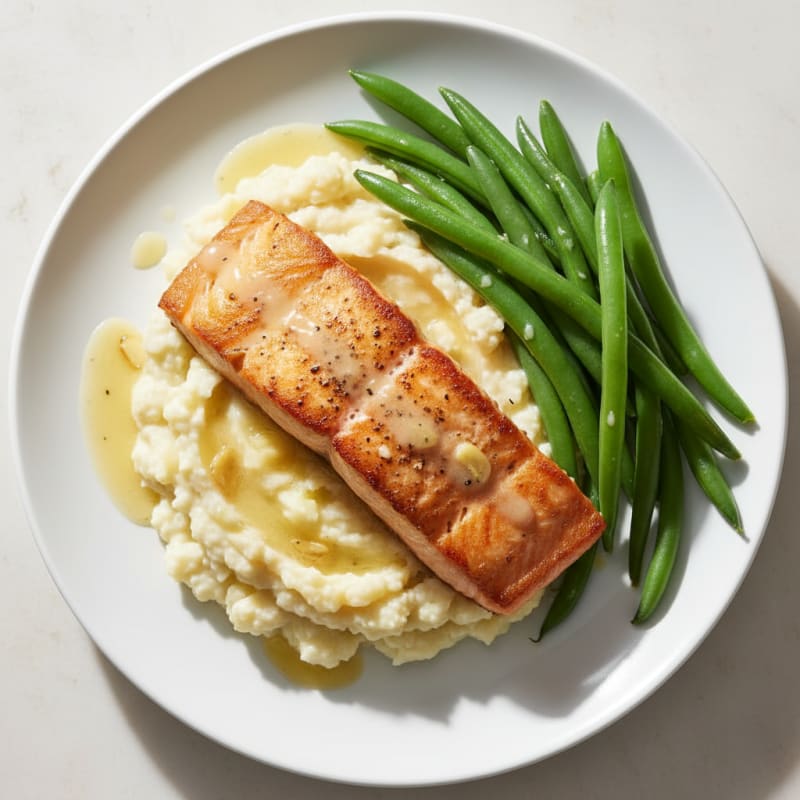 Seared Salmon with Steamed Green Beans and Garlic Mashed Cauliflower