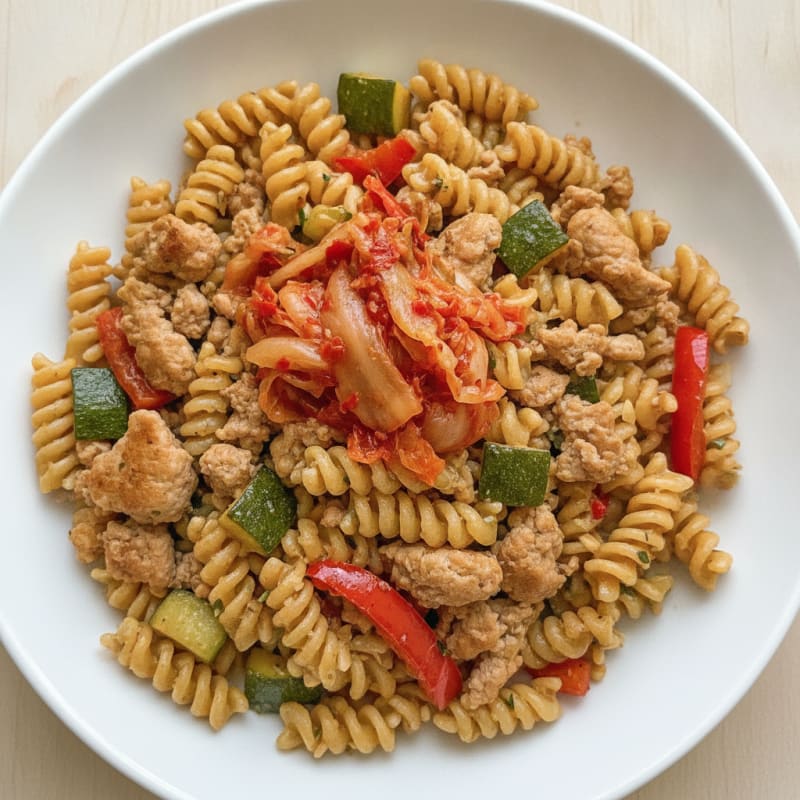 Ground Turkey Pasta with Sautéed Veggies and Kimchi