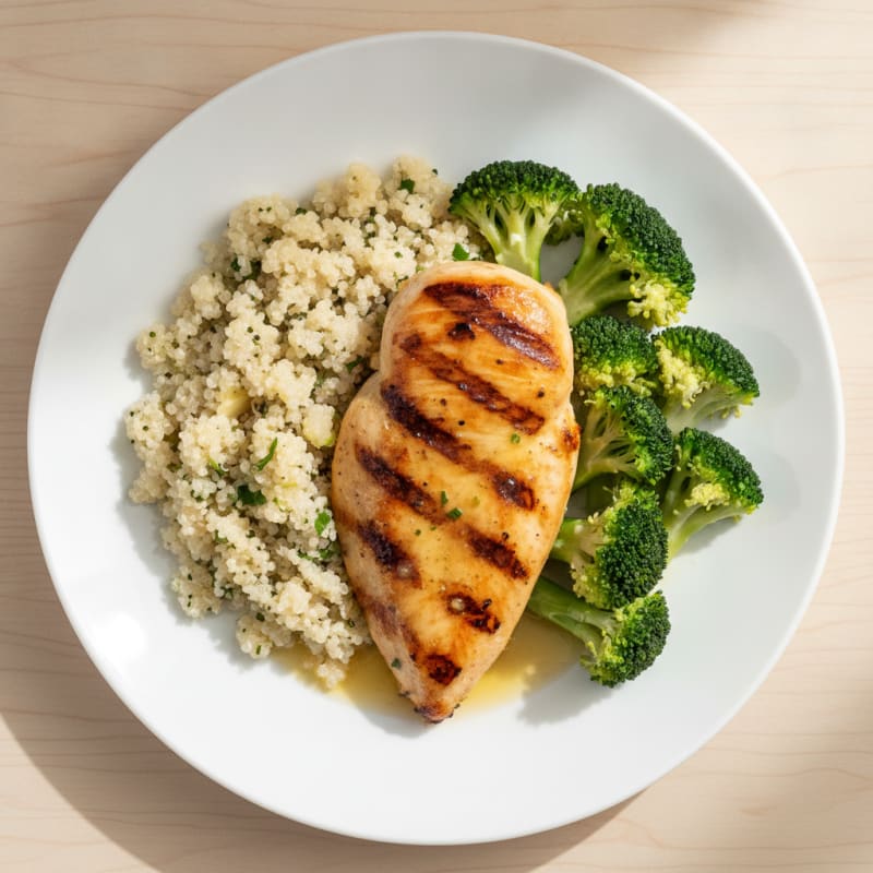Grilled Chicken Breast with Steamed Broccoli and Quinoa