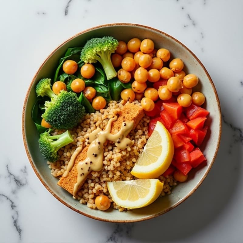 Crispy Roasted Chickpea and Vegetable Power Bowl with Creamy Lemon-Tahini Dressing