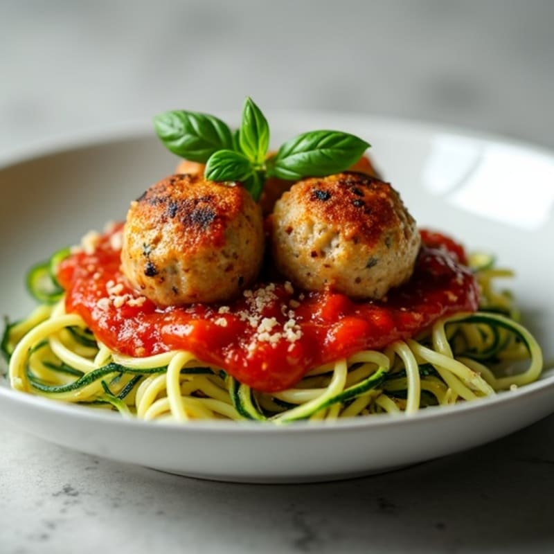 Tender Lean Turkey Meatballs with Zucchini Spaghetti and Fresh Basil Marinara