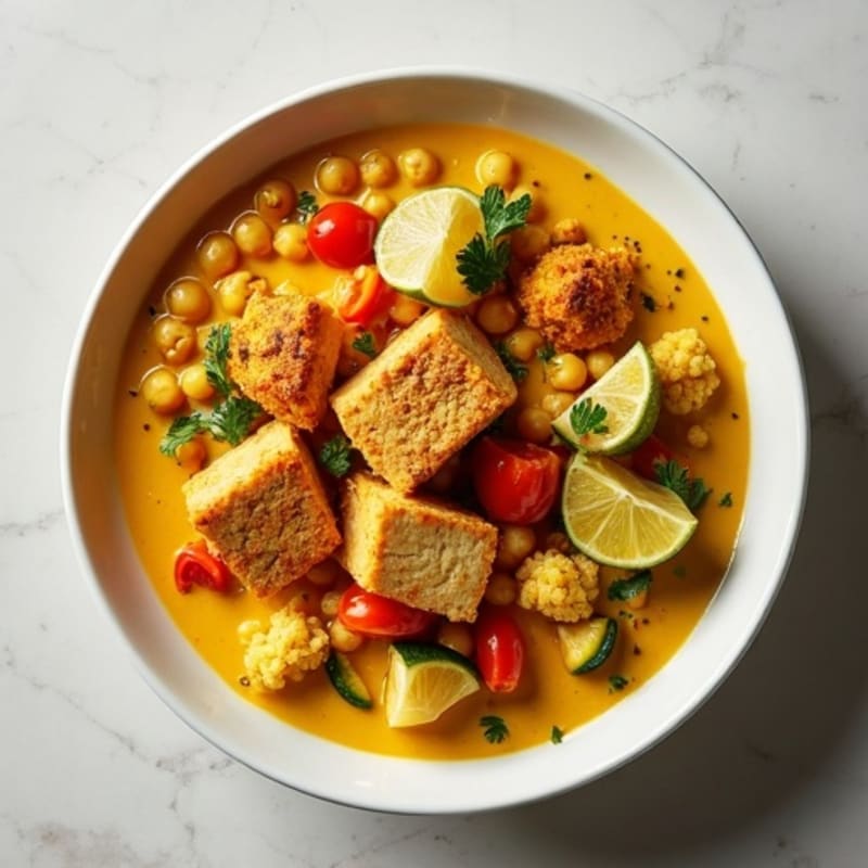 Creamy Coconut Curry with Roasted Vegetables and Crispy Tofu