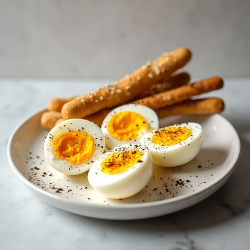 Pepper-Dusted Hard Boiled Eggs with Crunchy Sesame Breadsticks