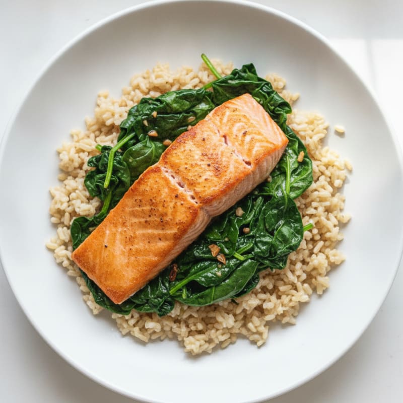 Seared Salmon Fillet with Garlic Spinach and Brown Rice