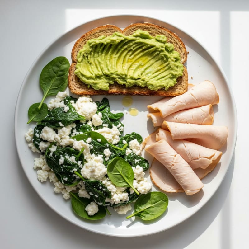 Egg White Spinach Scramble with Cottage Cheese and Sliced Turkey
