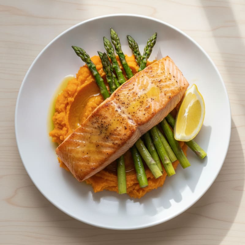 Seared Salmon with Roasted Asparagus and Sweet Potato Mash
