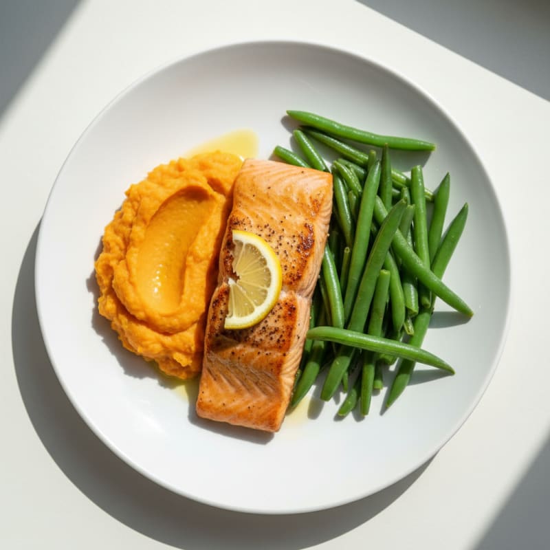 Seared Salmon Fillet with Steamed Green Beans and Sweet Potato Mash