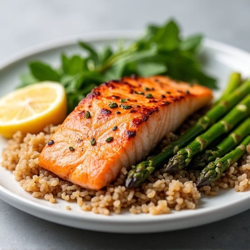 Seared Salmon with Roasted Asparagus and Brown Rice
