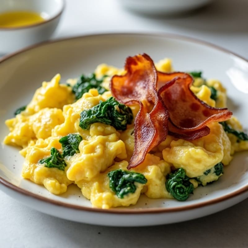 Creamy Scrambled Eggs with Sautéed Spinach and Crispy Turkey Bacon