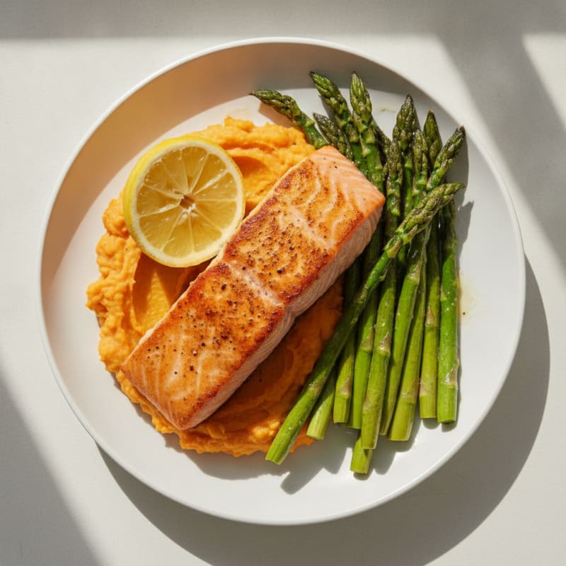 Seared Salmon with Roasted Asparagus and Sweet Potato Mash