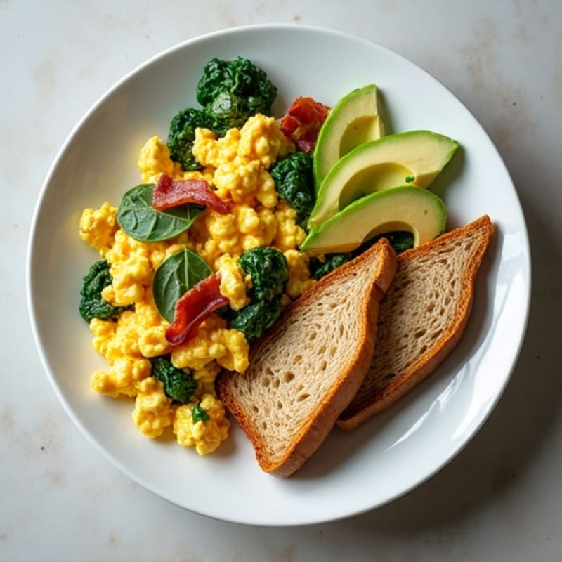Cottage Cheese Egg Scramble with Spinach and Turkey Bacon
