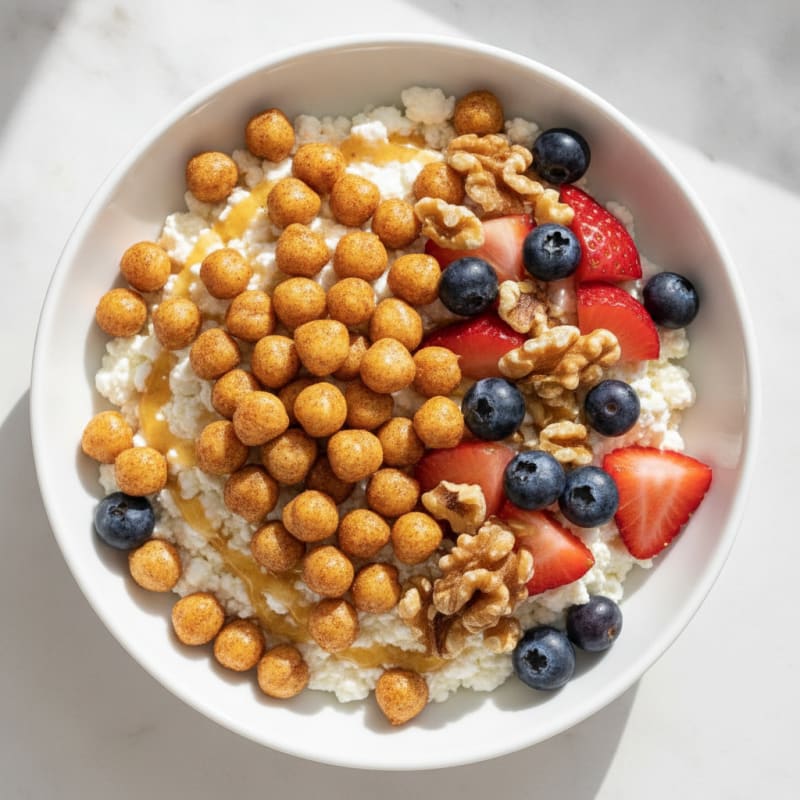 Cottage Cheese Protein Bowl with Chickpeas and Sliced Strawberries