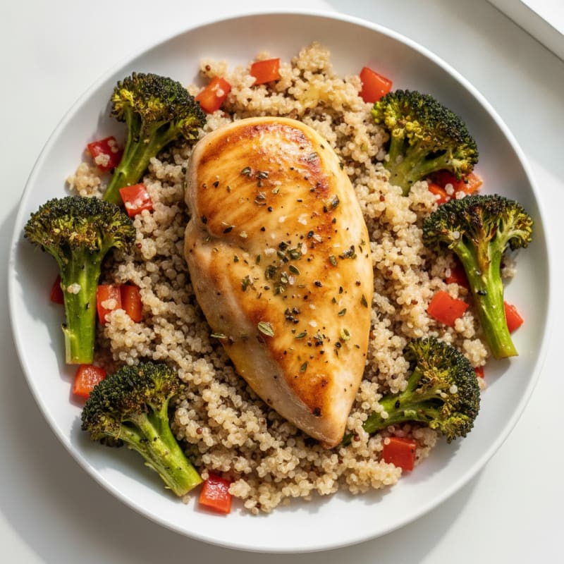 Pan-Seared Lemon Herb Chicken with Quinoa and Roasted Broccoli