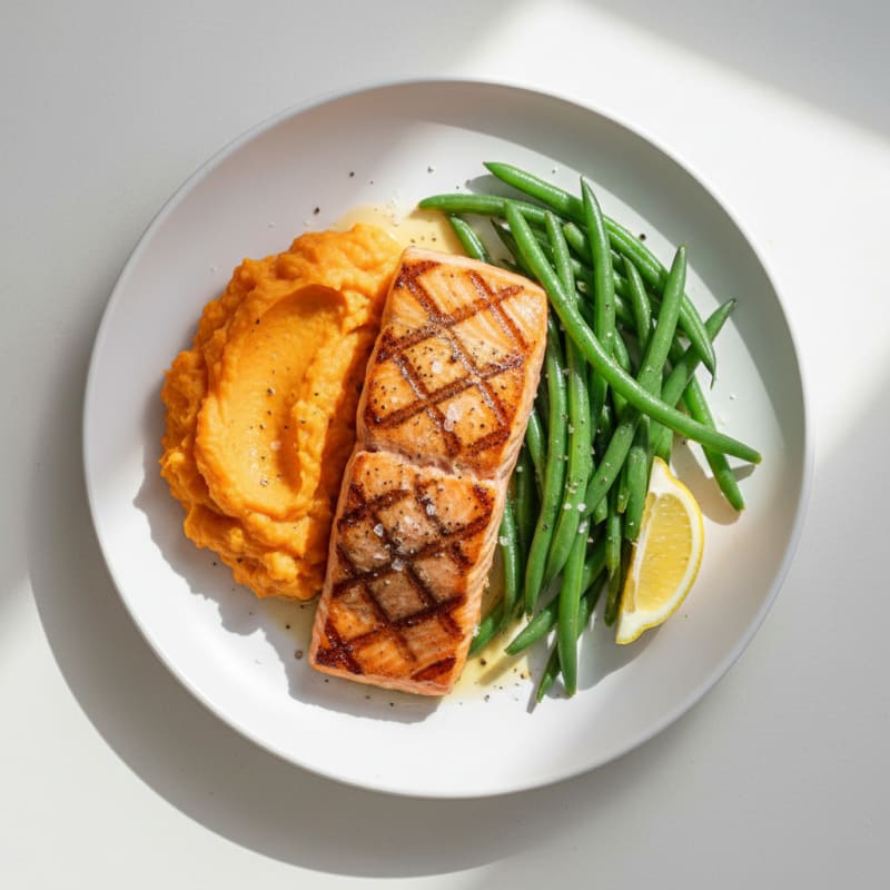 Seared Salmon with Steamed Green Beans and Sweet Potato Mash