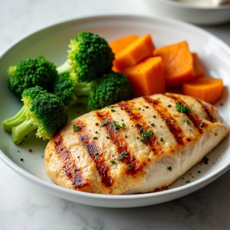 Grilled Chicken Breast with Roasted Sweet Potato and Steamed Broccoli