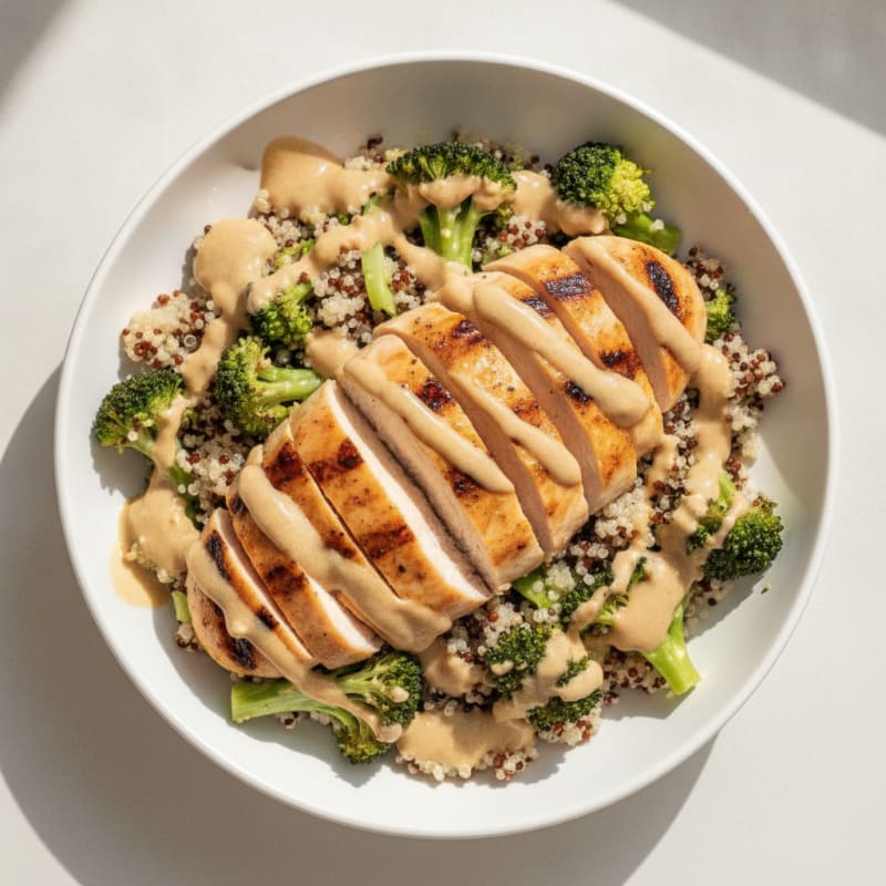 Grilled Chicken and Quinoa Bowl with Crunchy Broccoli and Lemon Tahini Drizzle