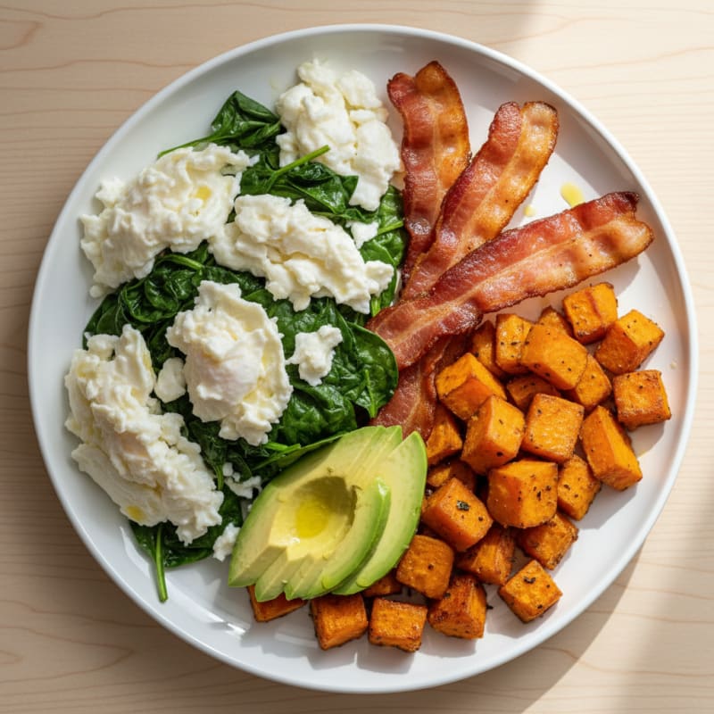 Scrambled Egg Whites with Sautéed Spinach and Turkey Bacon