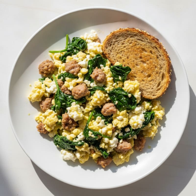 Cottage Cheese Scramble with Turkey Sausage and Sautéed Spinach