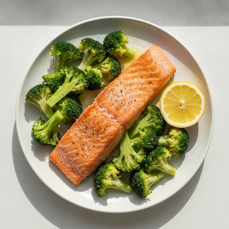 Seared Salmon with Steamed Broccoli and Lemon
