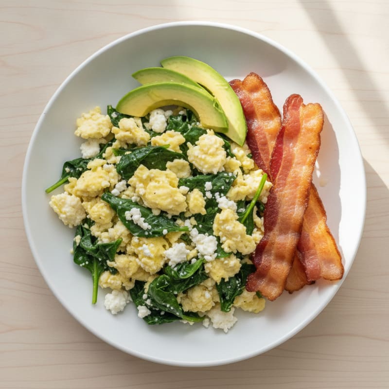 Cottage Cheese Scramble with Spinach and Turkey Bacon