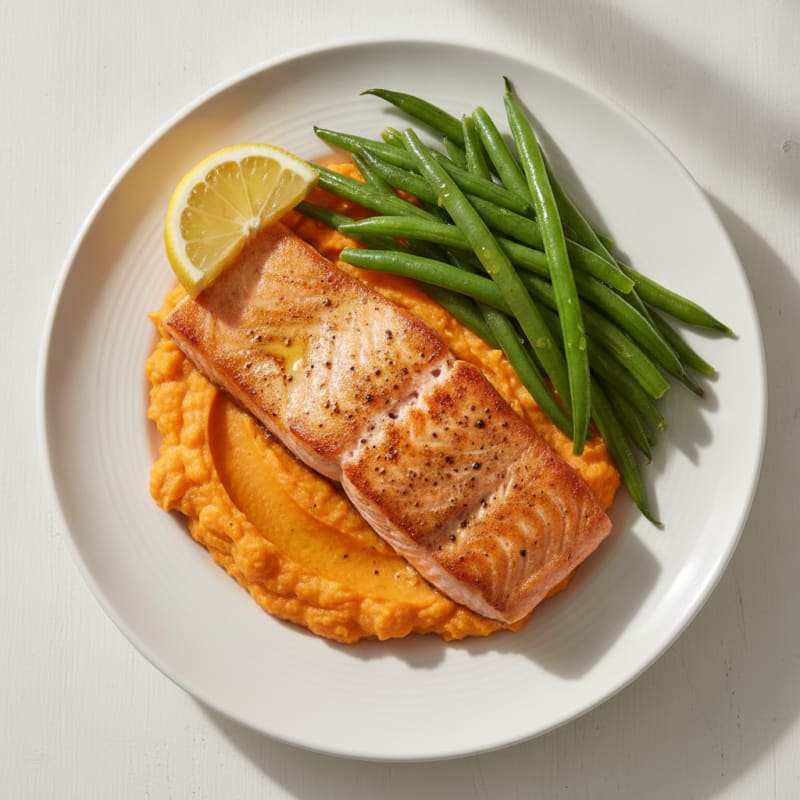 Seared Salmon Fillet with Steamed Green Beans and Sweet Potato Mash