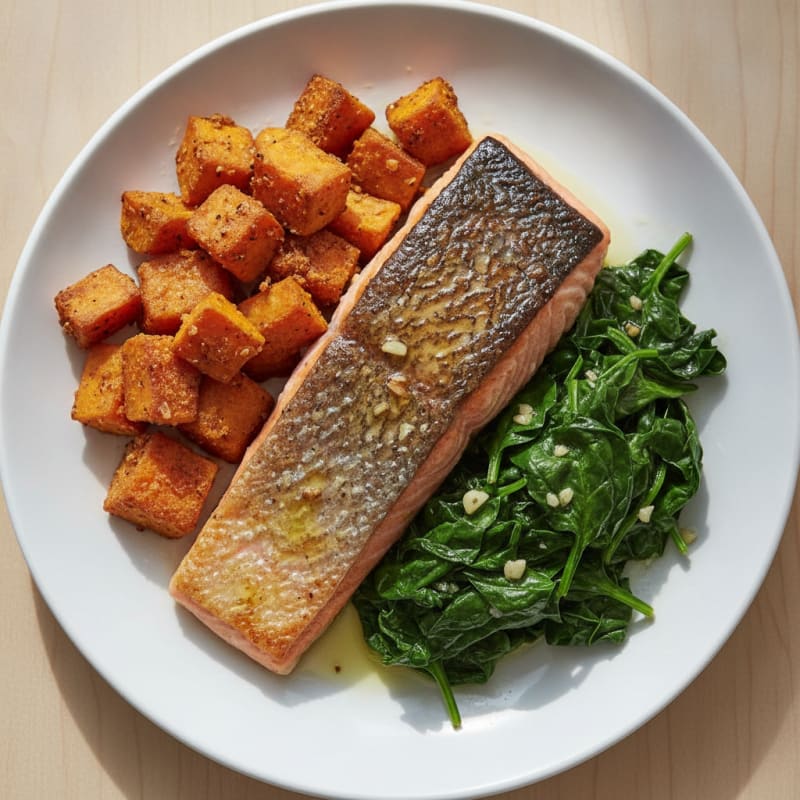 Seared Salmon Fillet with Roasted Sweet Potato and Wilted Spinach