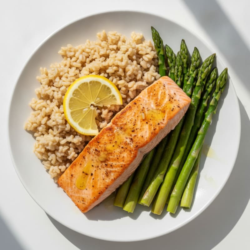 Seared Salmon with Steamed Asparagus and Brown Rice