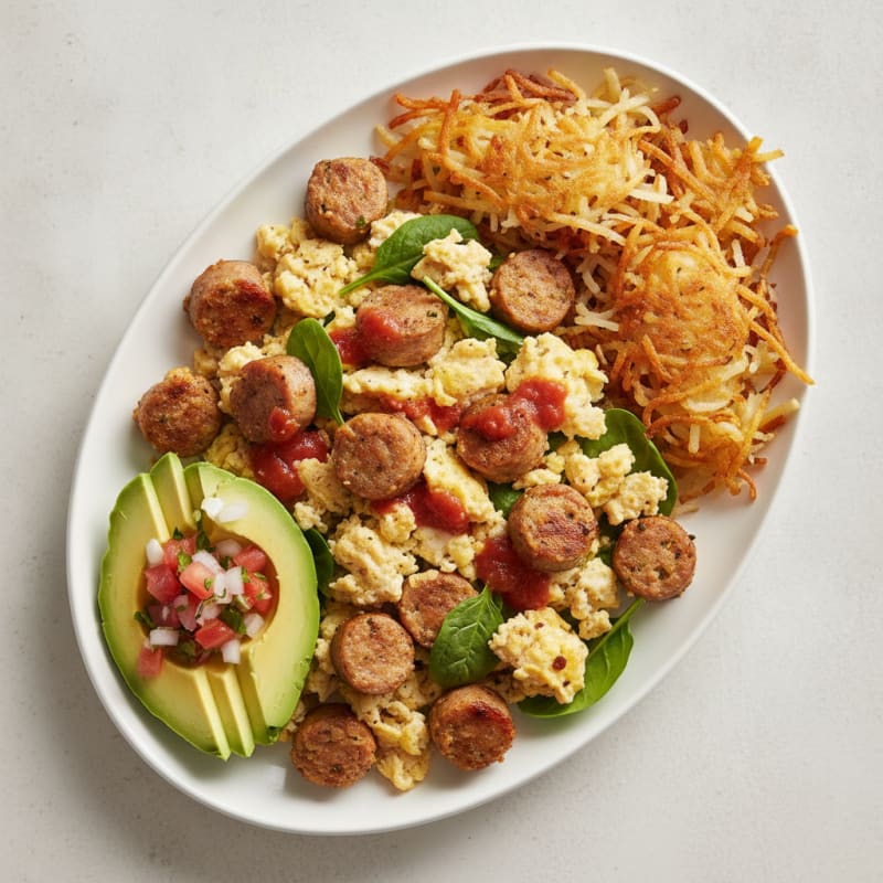 Egg White Scramble with Chicken Sausage and Crispy Hash Browns
