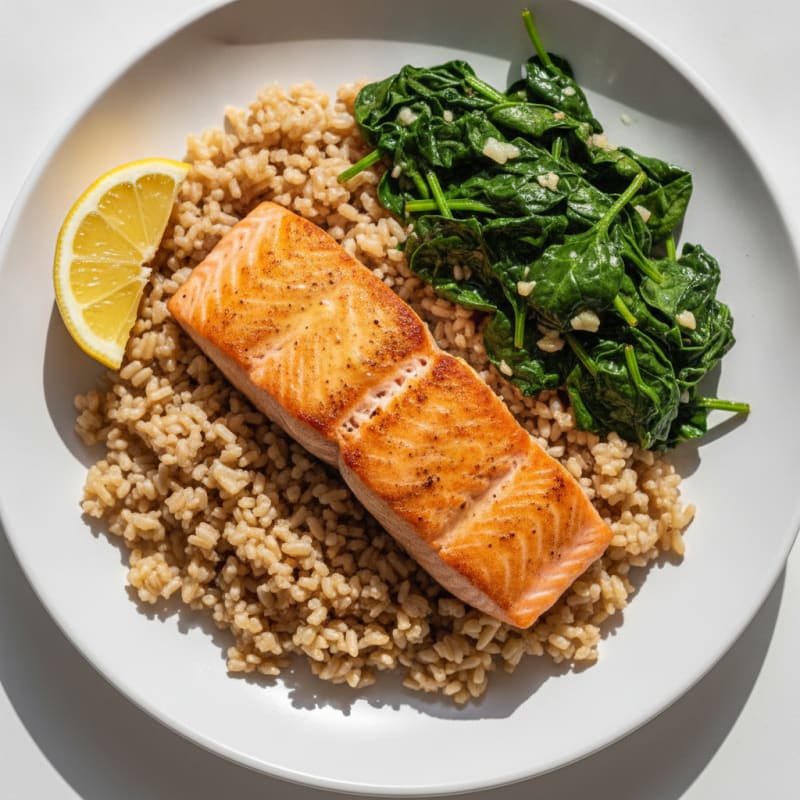 Seared Salmon with Garlic Spinach and Brown Rice