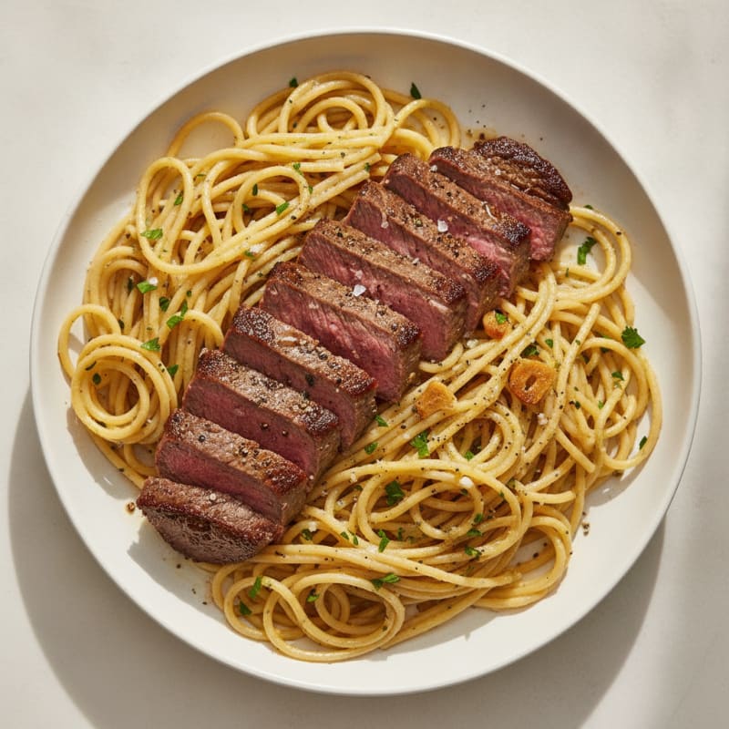 Pan-Seared Steak with Buttered Spaghetti