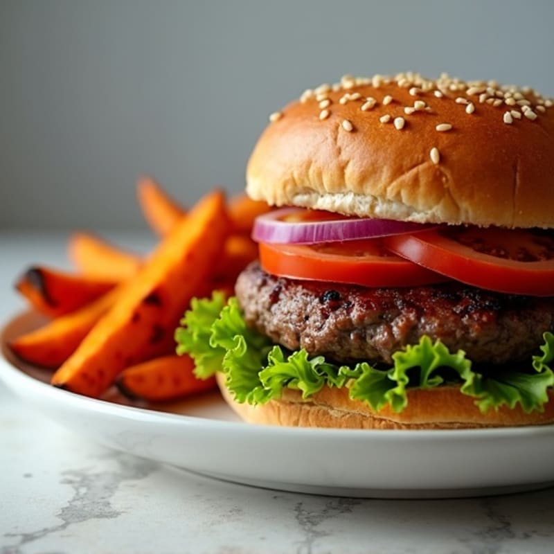 Seared Lean Beef Burger with Roasted Sweet Potato Fries