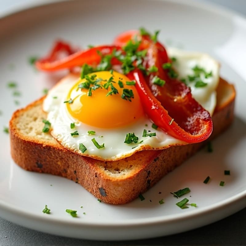 Egg and Turkey Bacon Sourdough Toast with Sautéed Peppers and Onions