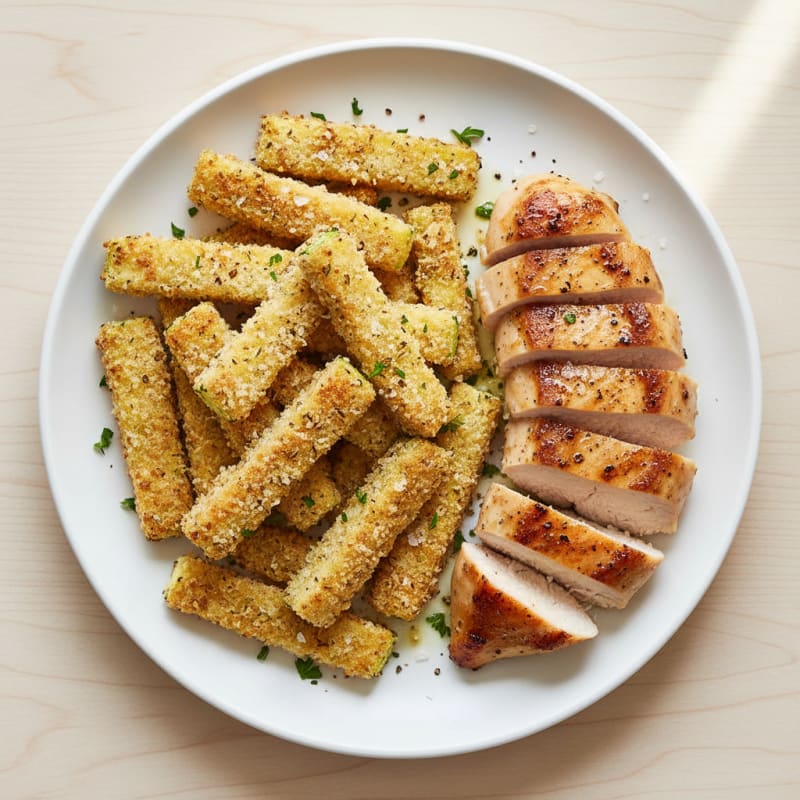 Crispy Parmesan Garlic Zucchini Fries with Seared Chicken